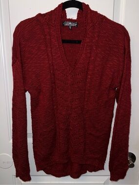 🔥5/$25🔥 Almost Famous Red Open Knit V-Neck Sweater W Hood Preowned Size XL
